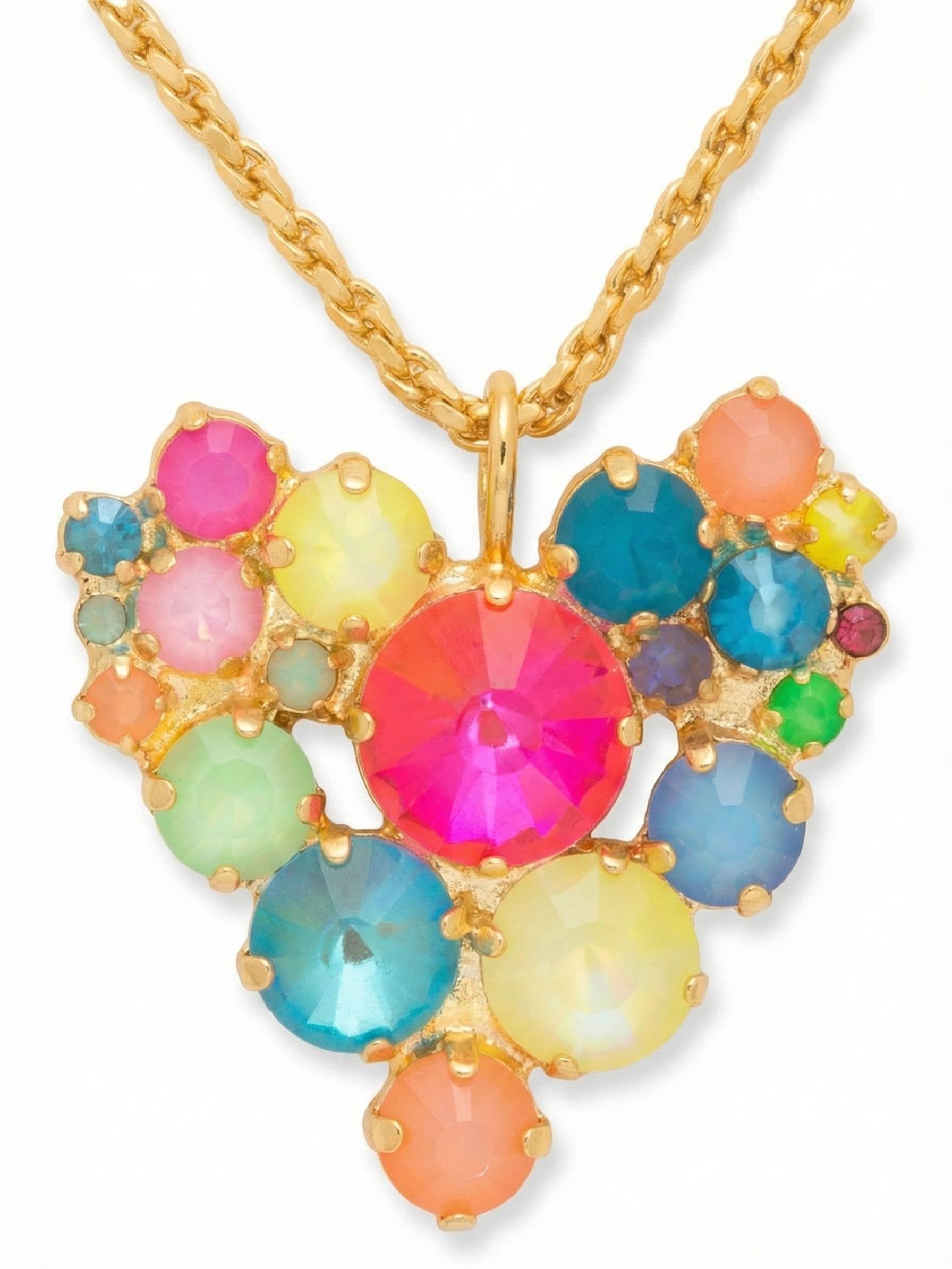 Sorrelli Jolie Heart Pendant Necklace with a multicolored crystal cluster on a sleek snake chain