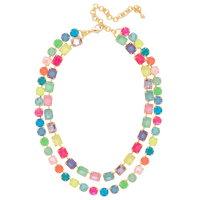 Sorrelli Marci Tennis Necklace in Candy Carnival with multicolored emerald-cut and round crystals in a bright gold-tone finish