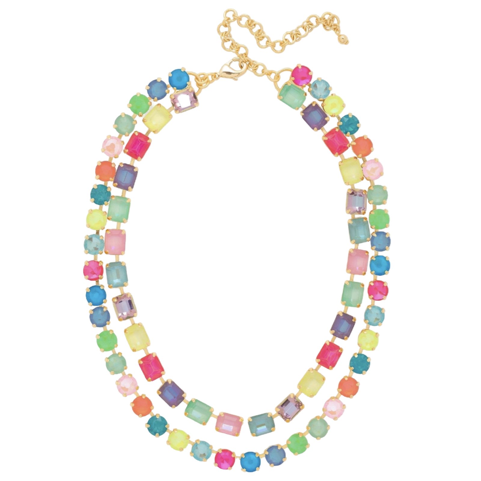 Sorrelli Marci Tennis Necklace in Candy Carnival with multicolored emerald-cut and round crystals in a bright gold-tone finish