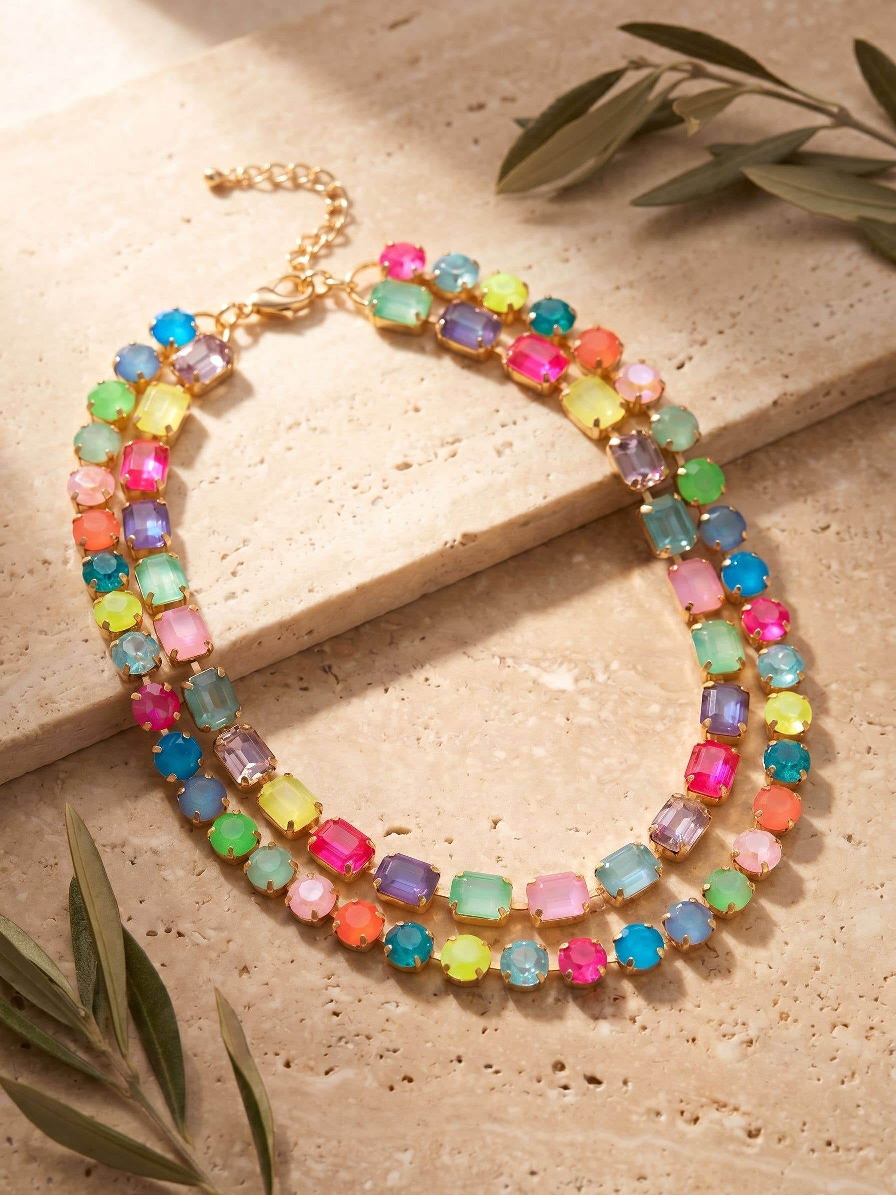 Sorrelli Marci Tennis Necklace in Candy Carnival with multicolored emerald-cut and round crystals in a bright gold-tone finish