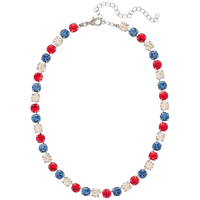 A patriotic beaded necklace featuring alternating red, blue, and clear rhinestone beads on a silver-tone chain with an extender clasp, shown against a plain white background.