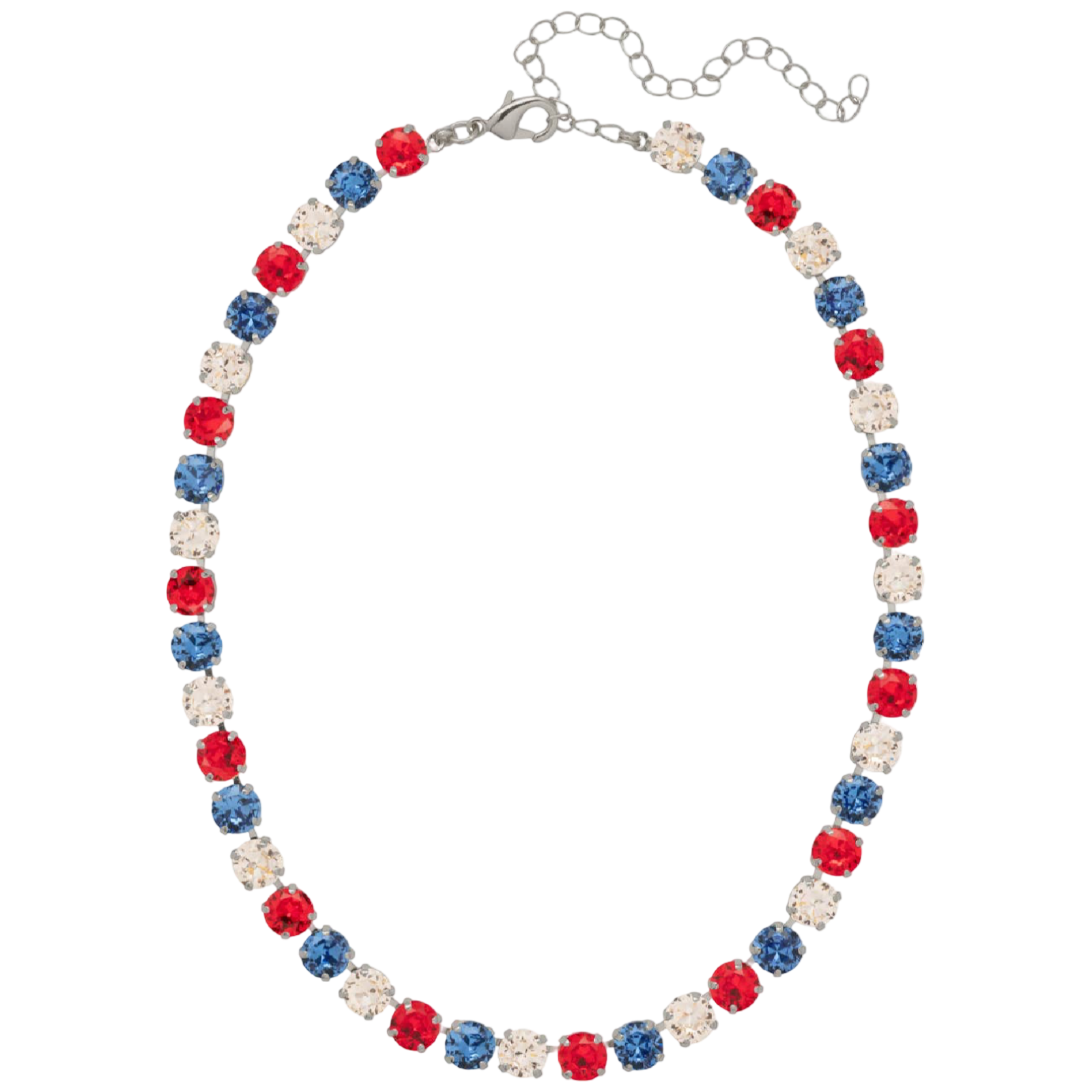 A patriotic beaded necklace featuring alternating red, blue, and clear rhinestone beads on a silver-tone chain with an extender clasp, shown against a plain white background.