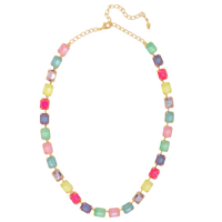 Sorrelli multicolor necklace with large emerald-cut crystals in pink, yellow, mint, and lavender