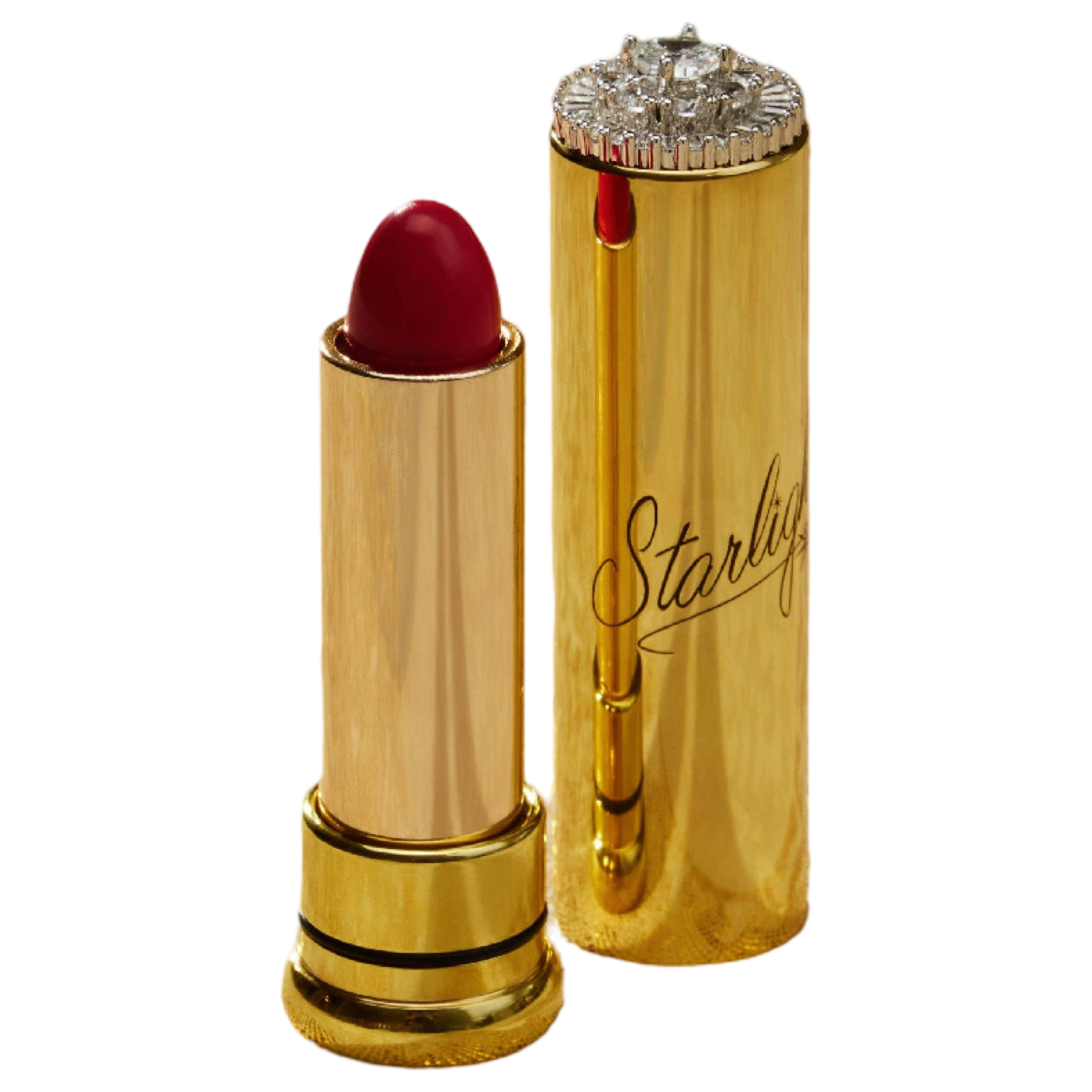 A luxury lipstick shown open next to its cap, both in a polished gold finish. The lipstick bullet is a deep red, and the cap features a rhinestone-embellished top and the brand name 'Starlight' in cursive script.