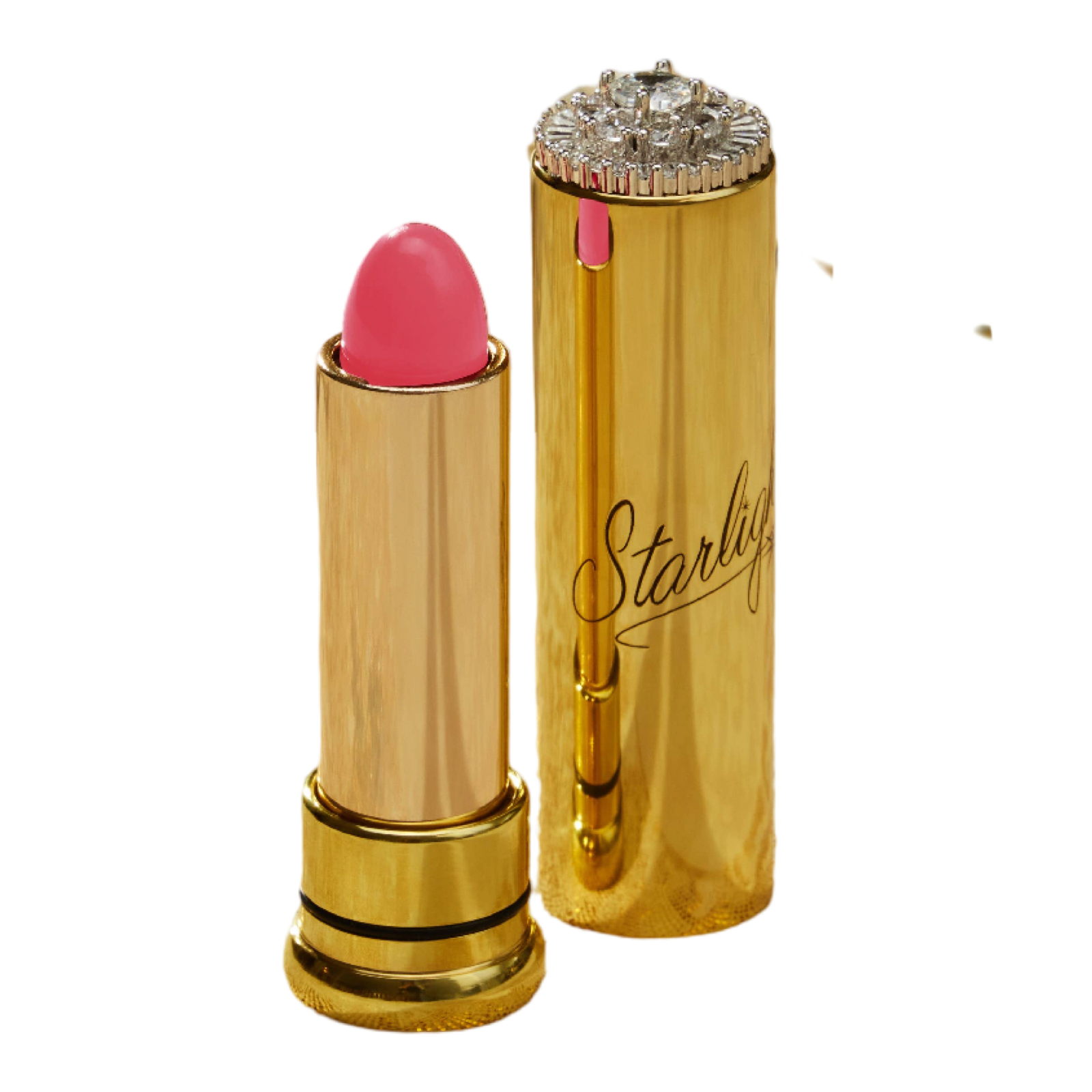 A gold-plated lipstick with a pink bullet, shown alongside its open case which features a rhinestone-embellished top and the brand name 'Starlight' printed in black script.