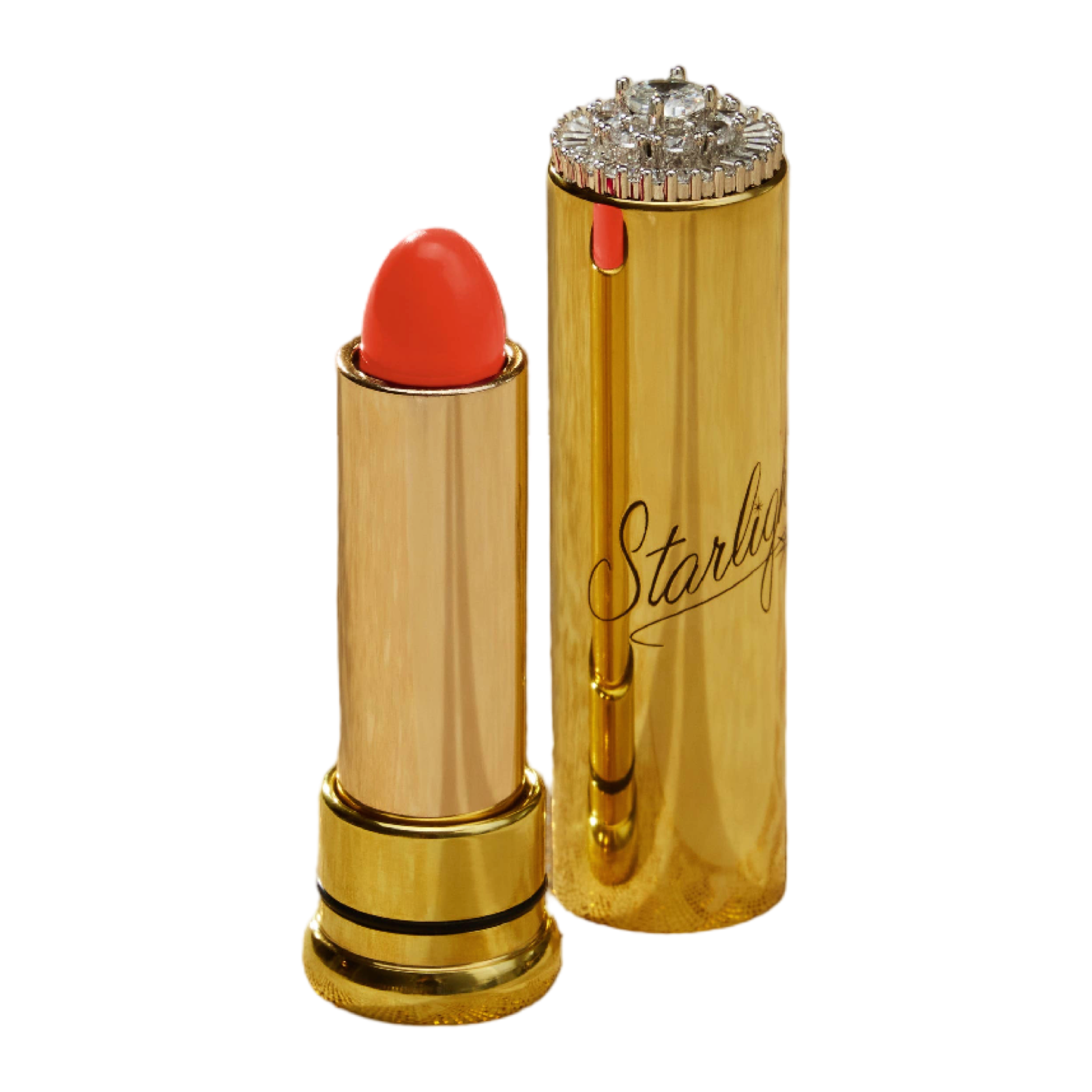 Starlight Vintage Cosmetics Holly’s Peach lipstick in warm peachy-pink shade with vintage-inspired gold metal tube.