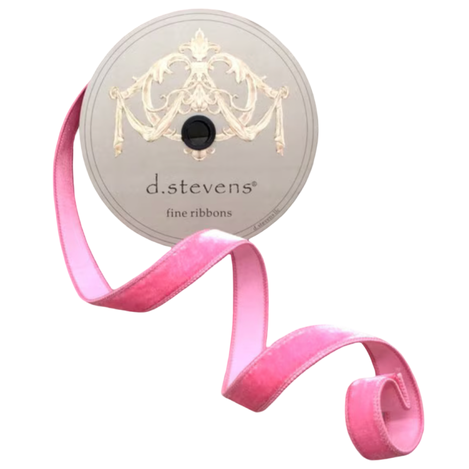Strawberry pink velvet ribbon with coordinating dupioni-style backing, 1 inch wide, shown curled beside a 10-yard spool for bows, ornaments, wreaths, and gift wrapping.