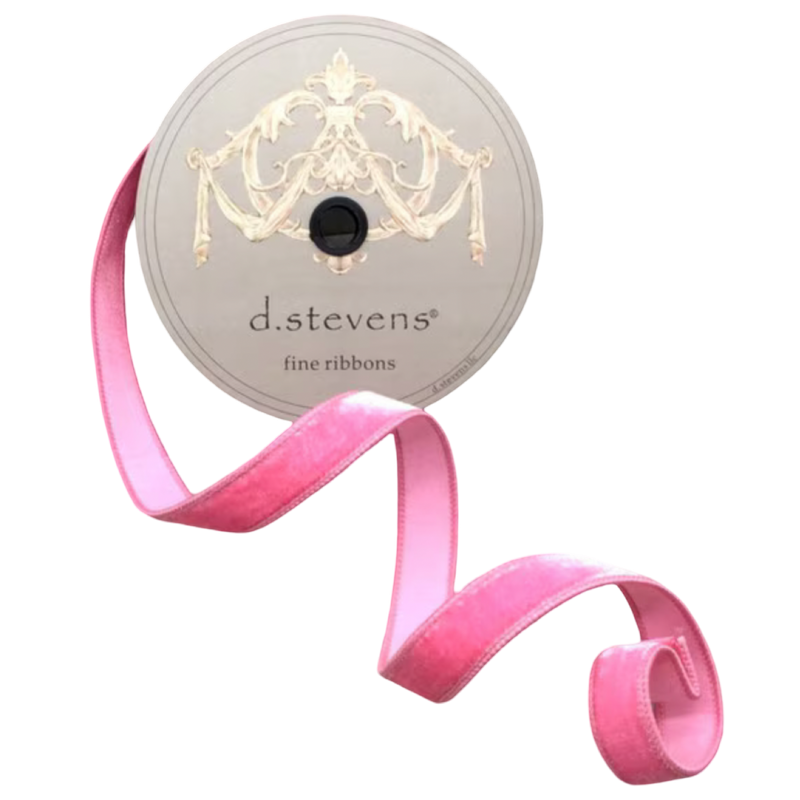 Strawberry pink velvet ribbon with coordinating dupioni-style backing, 1 inch wide, shown curled beside a 10-yard spool for bows, ornaments, wreaths, and gift wrapping.