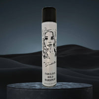 Hairspray can with a black and white label featuring a face design on a dark background