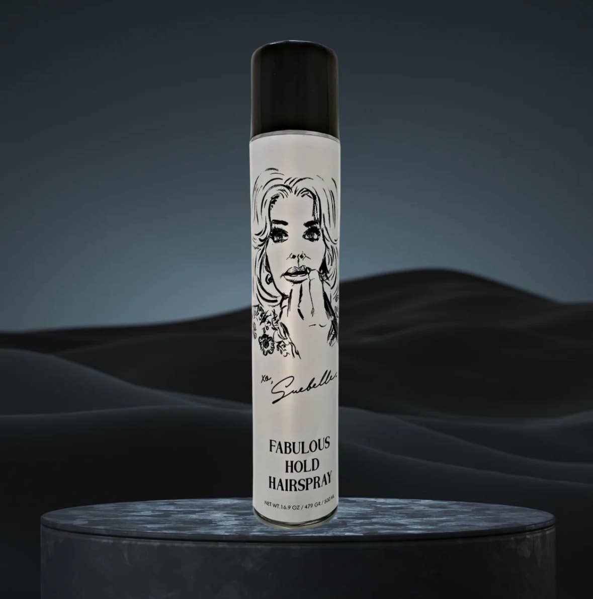 Hairspray can with a black and white label featuring a face design on a dark background