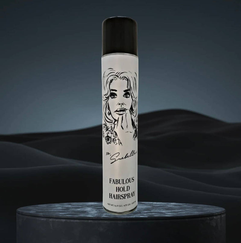 Hairspray can with a black and white label featuring a face design on a dark background
