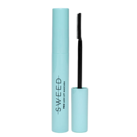 Mascara with blue tube and black brush on a white background