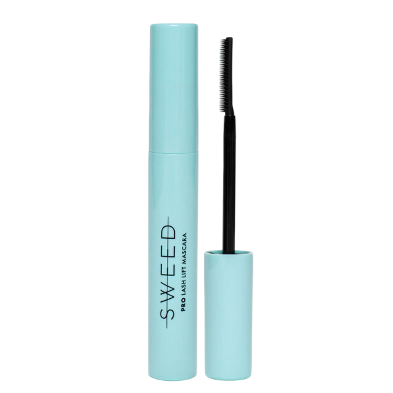 Mascara with blue tube and black brush on a white background