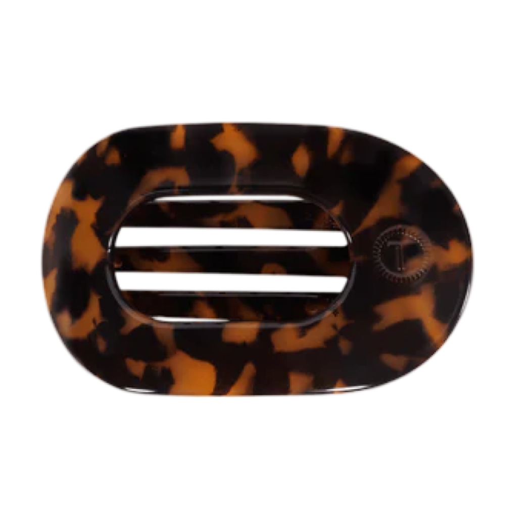 TELETIES hair clip, tortoise hair clip, medium flat round hair clip, thick hair clip, unbreakable hair clip, yoga hair accessory, comfortable hair clip, classic hair clip.