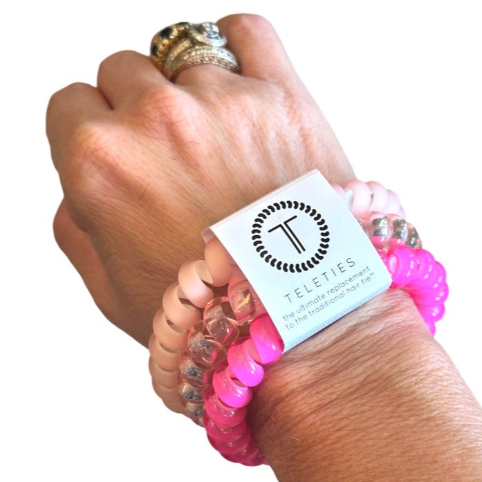 TELETIES hair ties, Aruba Pink Blush hair ties, no-rip hair ties, large spiral hair coils, spiral hair ties, stylish hair accessories, hair ties that double as bracelets, durable hair ties, 