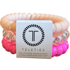 TELETIES hair ties, Aruba Pink Blush hair ties, no-rip hair ties, large spiral hair coils, spiral hair ties, stylish hair accessories, hair ties that double as bracelets, durable hair ties, pink hair ties for thick hair, hair accessories in pink.