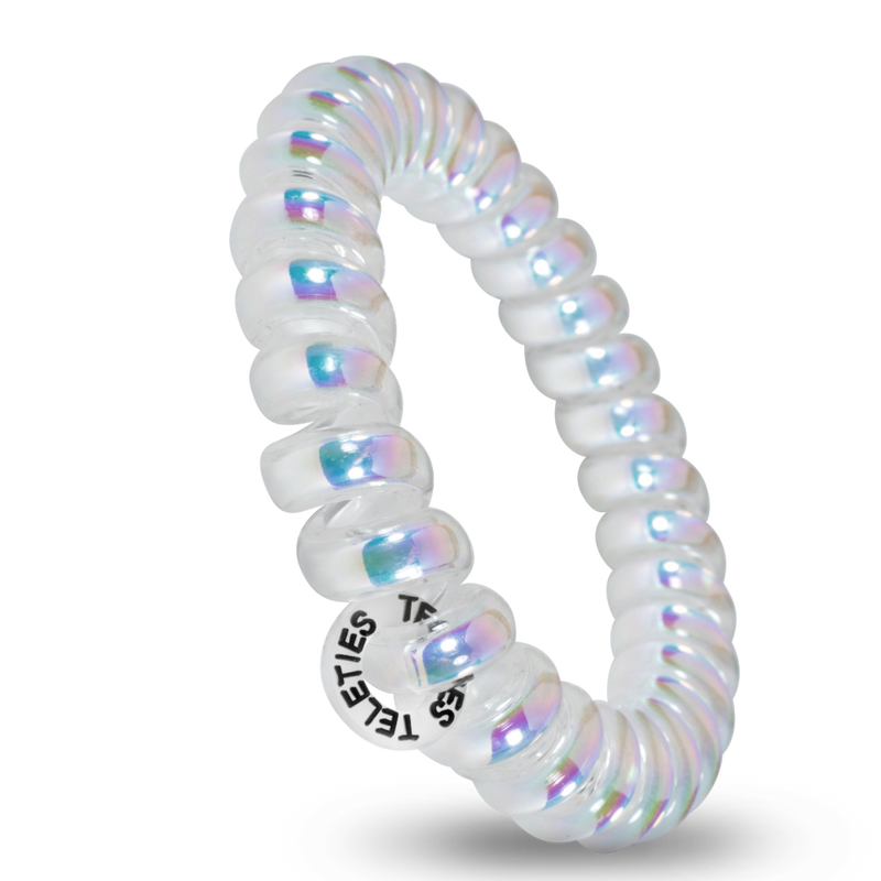 TELETIES hair ties, Peppermint hair ties, no-rip hair ties, large spiral hair coils, spiral hair ties, stylish hair accessories, hair ties that double as bracelets, durable hair ties, peppermint-colored hair ties, hair ties for thick hair.
