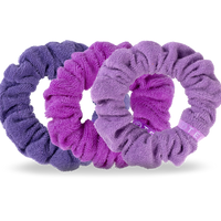 TELETIES, terry cloth scrunchies, wet hair, dry hair, frizz-free hair, post-swim, shower hair accessory, beach hair, hair care, soft hair tie, purple scrunchies, pink scrunchies, secure hold, 