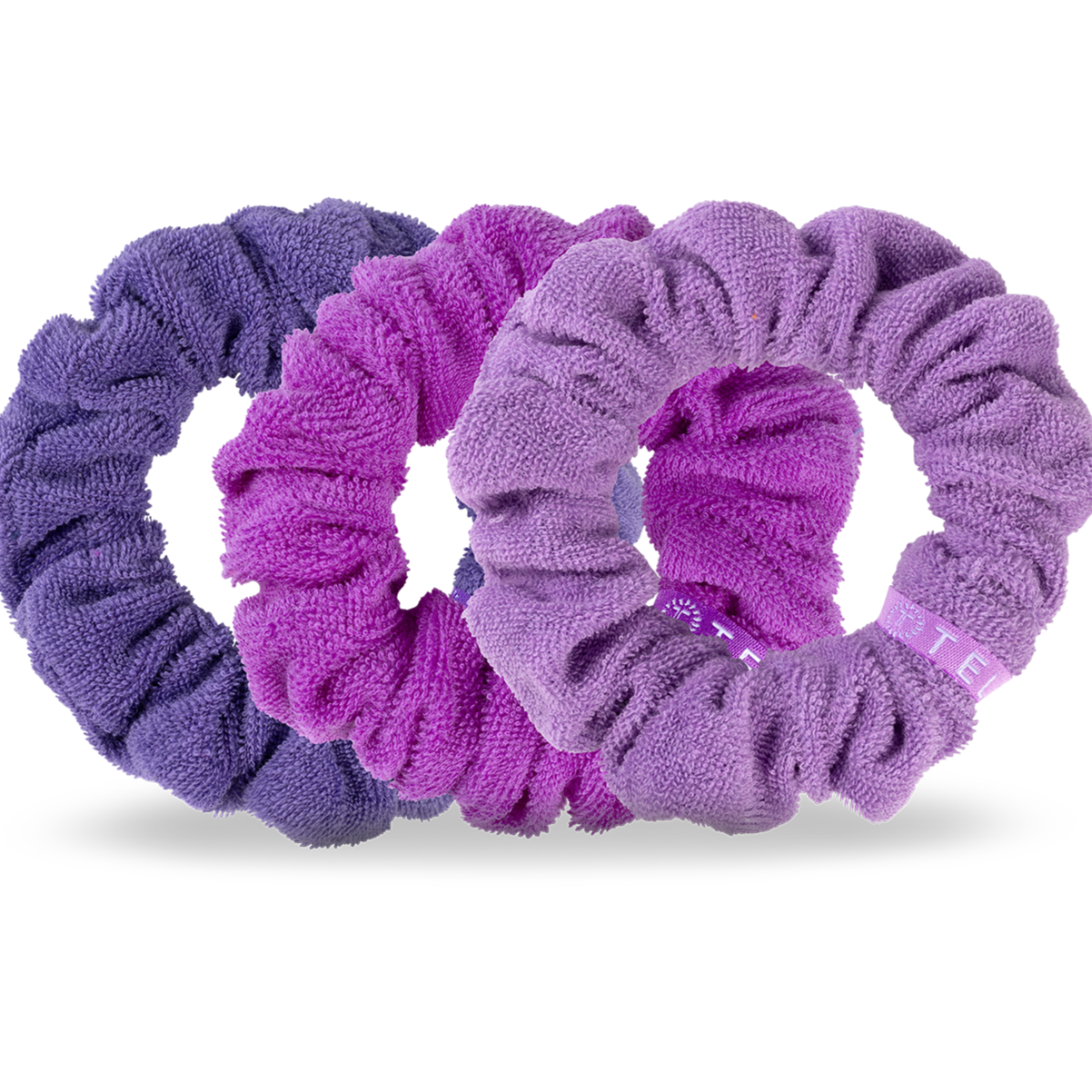 TELETIES, terry cloth scrunchies, wet hair, dry hair, frizz-free hair, post-swim, shower hair accessory, beach hair, hair care, soft hair tie, purple scrunchies, pink scrunchies, secure hold, 