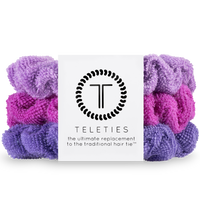 TELETIES, terry cloth scrunchies, wet hair, dry hair, frizz-free hair, post-swim, shower hair accessory, beach hair, hair care, soft hair tie, purple scrunchies, pink scrunchies, secure hold, hair breakage prevention, hair care accessory.

