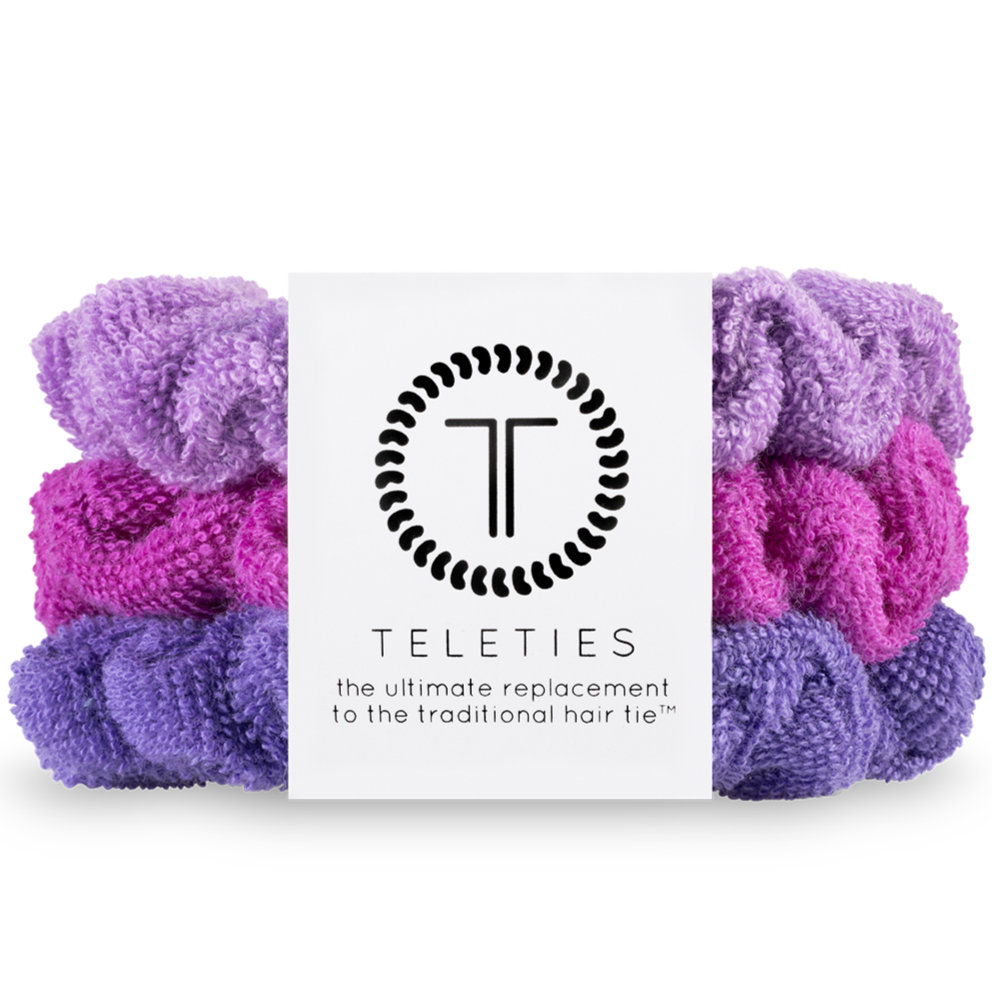 TELETIES, terry cloth scrunchies, wet hair, dry hair, frizz-free hair, post-swim, shower hair accessory, beach hair, hair care, soft hair tie, purple scrunchies, pink scrunchies, secure hold, hair breakage prevention, hair care accessory.

