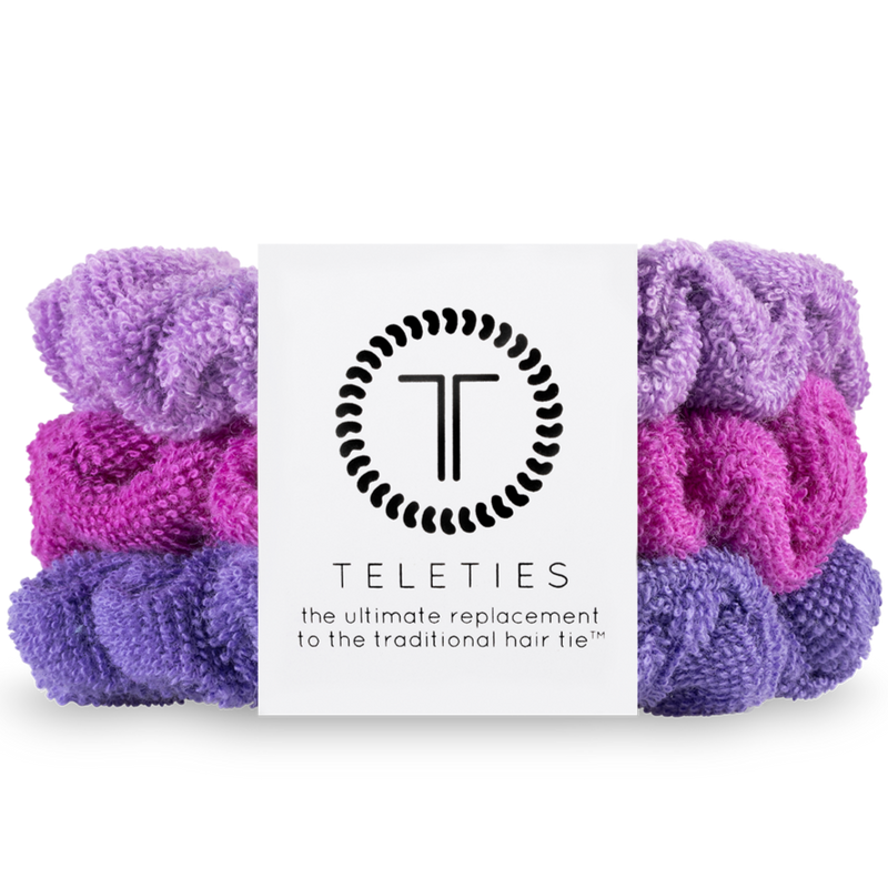 TELETIES, terry cloth scrunchies, wet hair, dry hair, frizz-free hair, post-swim, shower hair accessory, beach hair, hair care, soft hair tie, purple scrunchies, pink scrunchies, secure hold, hair breakage prevention, hair care accessory.

