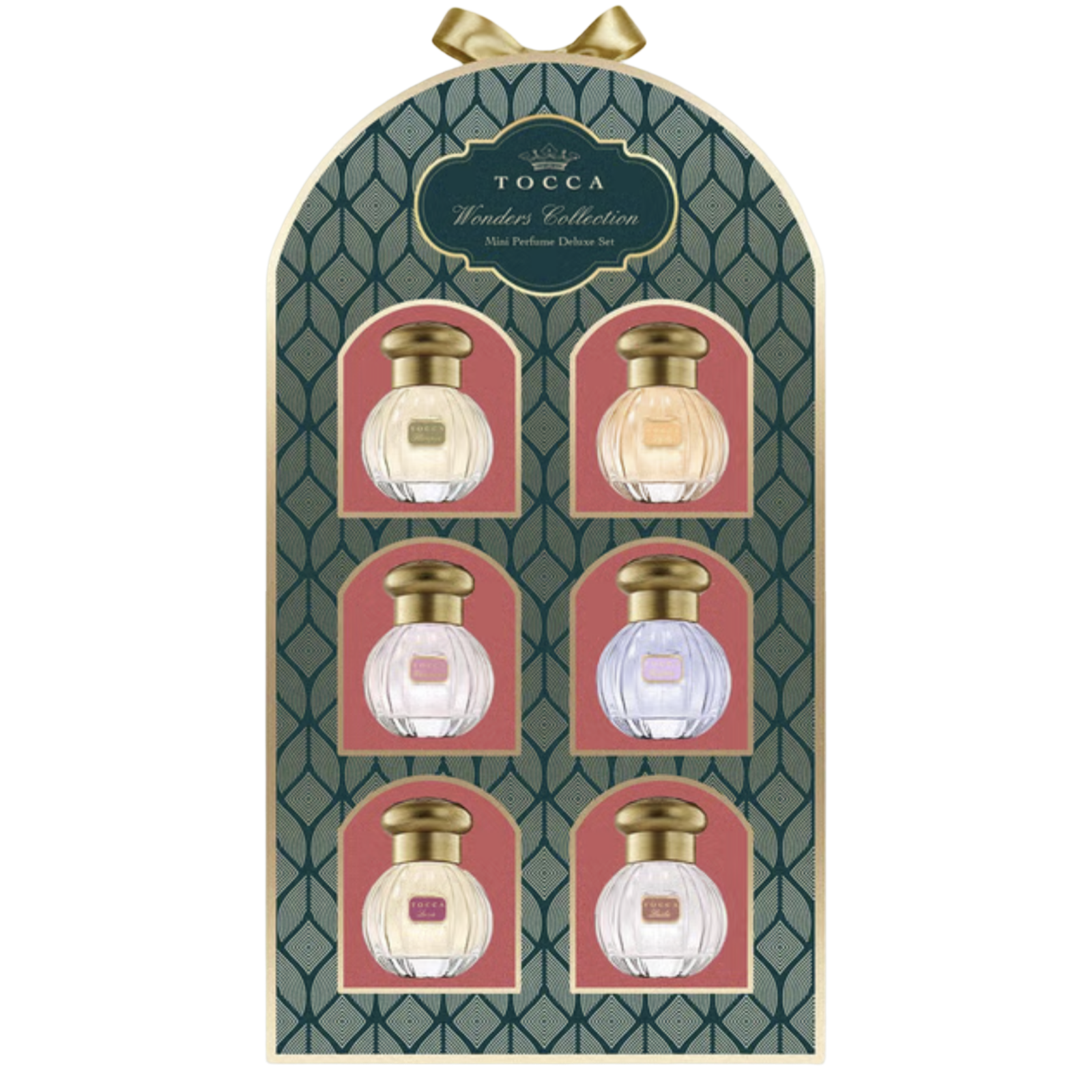 TOCCA Wonders Collection 6-piece perfume set in an arched gift box. The packaging features a dark green geometric pattern with gold trim, six pink arches, and six clear glass perfume bottles with gold caps, each bottle containing a different colored liquid.