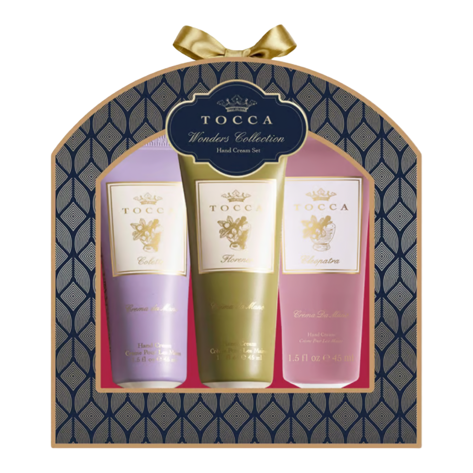 TOCCA Wonders Collection three-piece hand cream gift set with Florence, Cleopatra, and Colette in decorative navy and gold packaging.