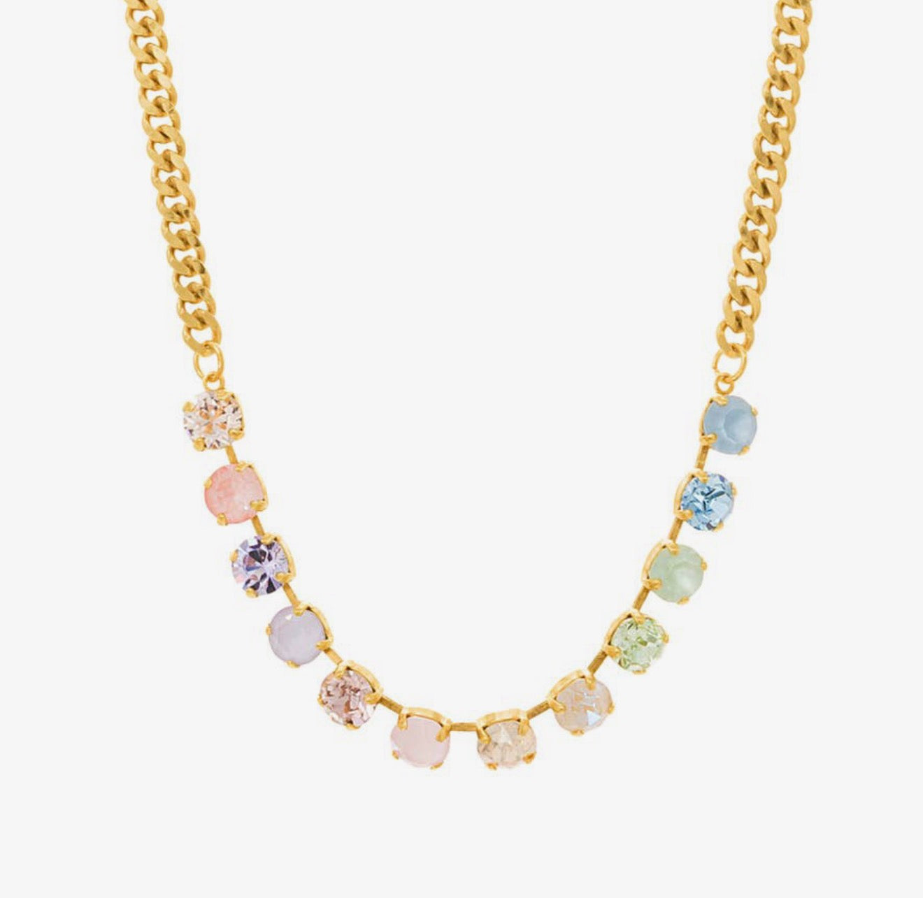 TOVA Mini Oakland Necklace, TOVA Fairy Dust necklace, colorful crystal necklace, petite crystal necklace, multicolor necklace, gold crystal necklace, layered necklace, TOVA jewelry, colorful jewelry, everyday necklace, sparkly necklace, crystal jewelry, boutique jewelry, gift for her, playful jewelry, women’s accessories, Oh Meredith jewelry