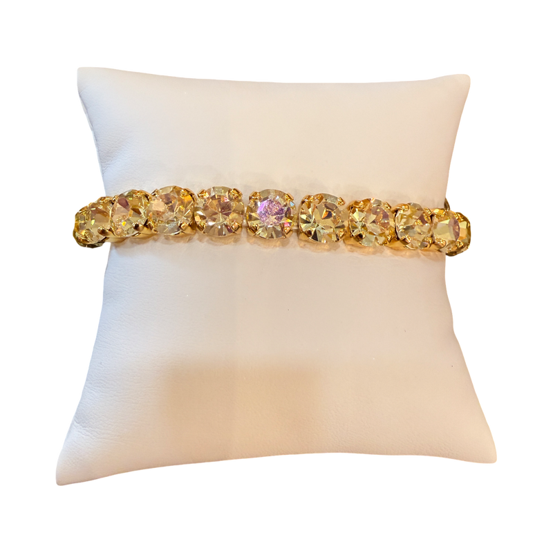 TOVA Oakland Stretch Bracelet in Solid Lemon Medium featuring vibrant yellow crystals set in antique gold-plated brass.