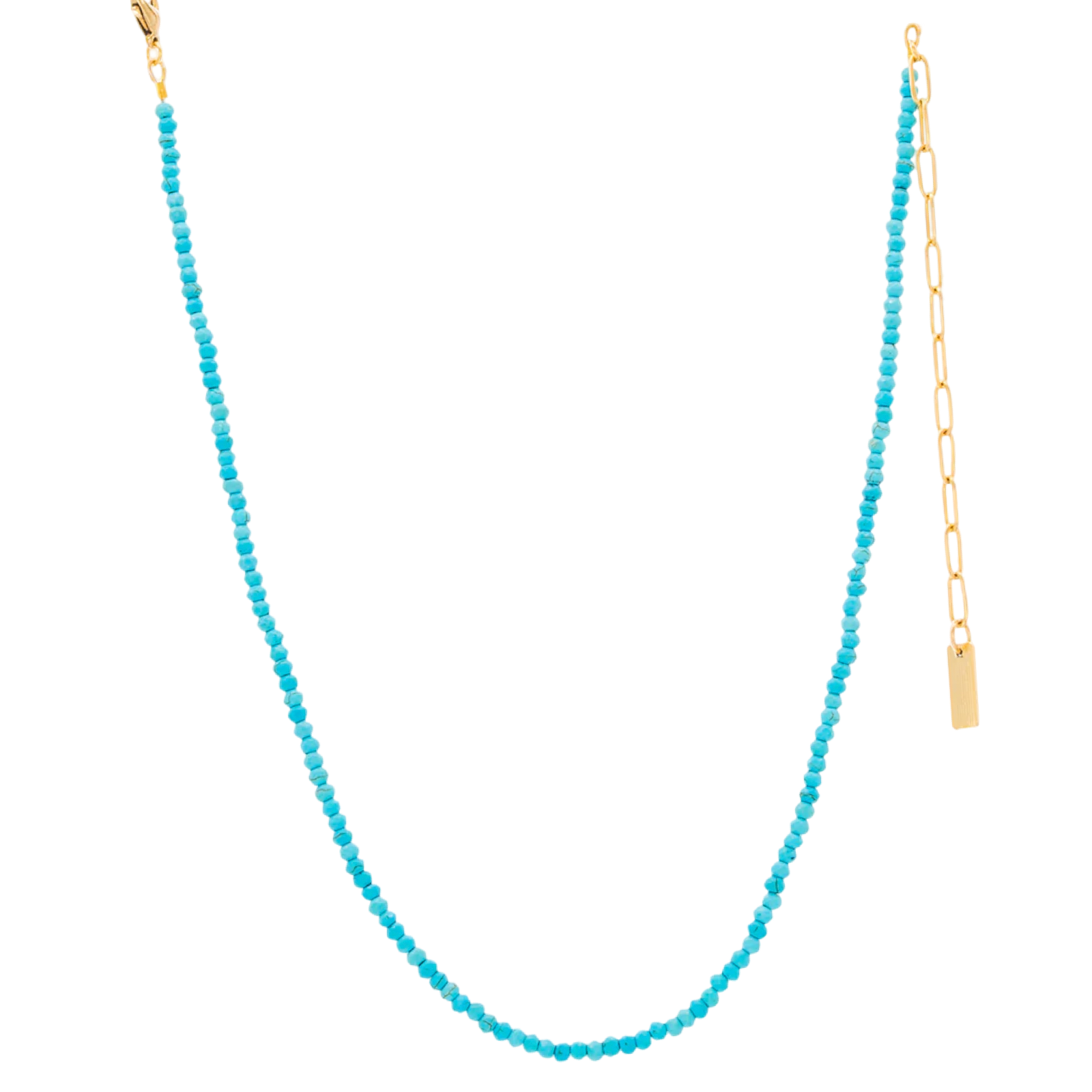 Turquoise beaded necklace with a gold chain on a white background