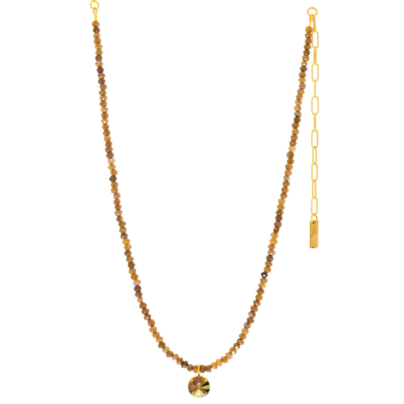 Necklace with brown beads and gold chain on a white background