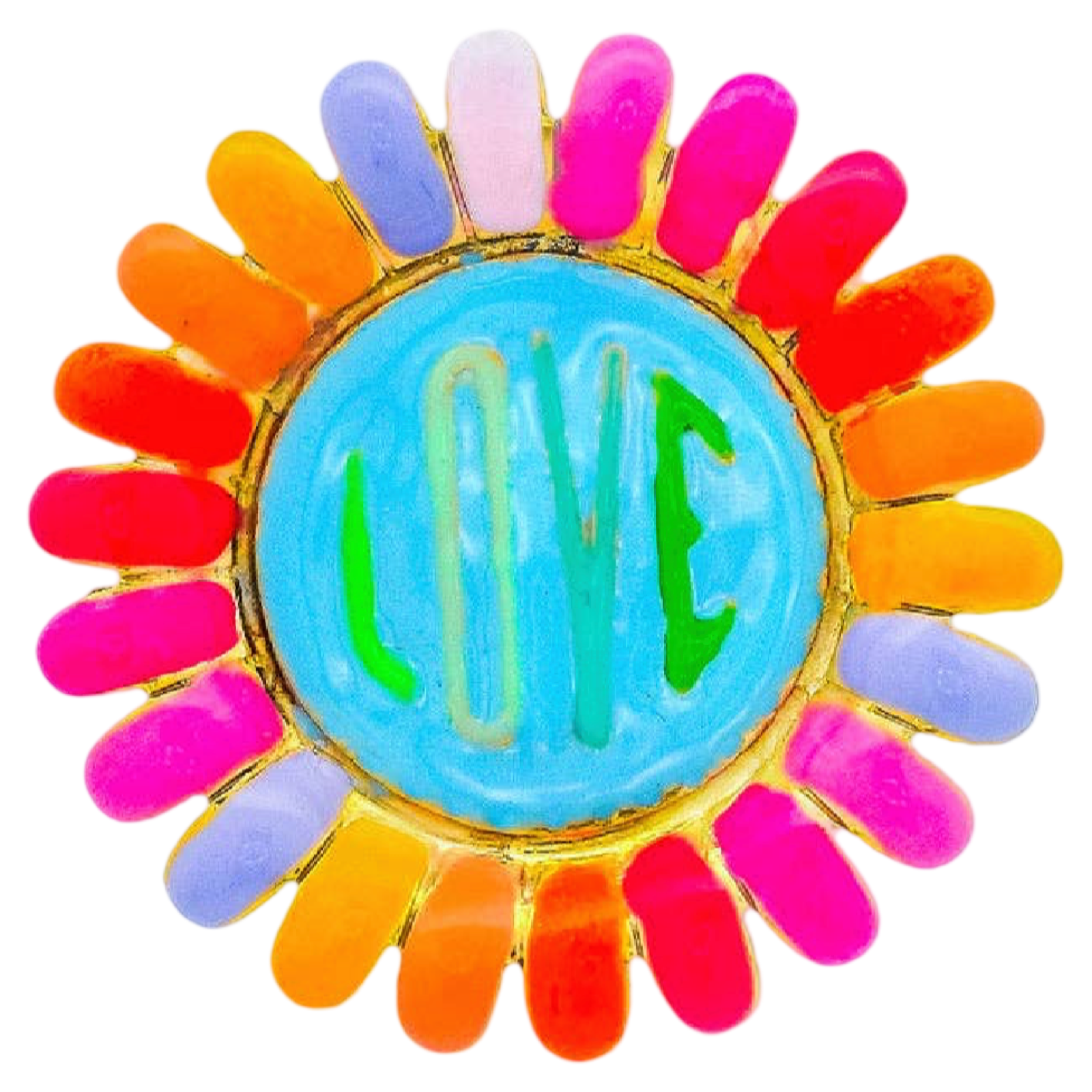 Colorful brooch with 'LOVE' text on a white background