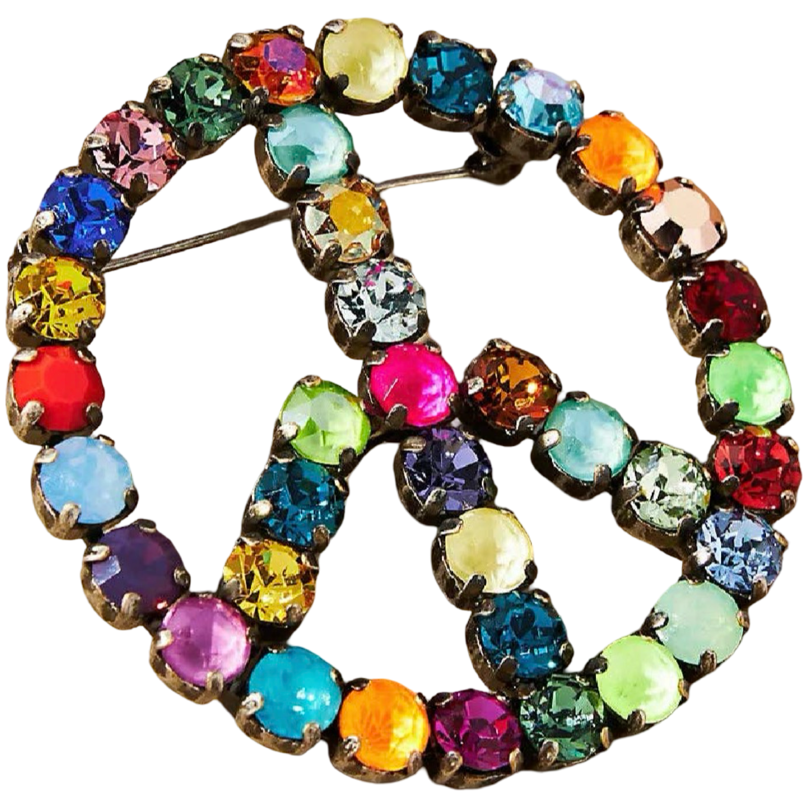 Multicolored jeweled peace sign brooch on a white background