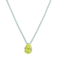 Necklace with a green teardrop pendant and blue bead chain on a white background