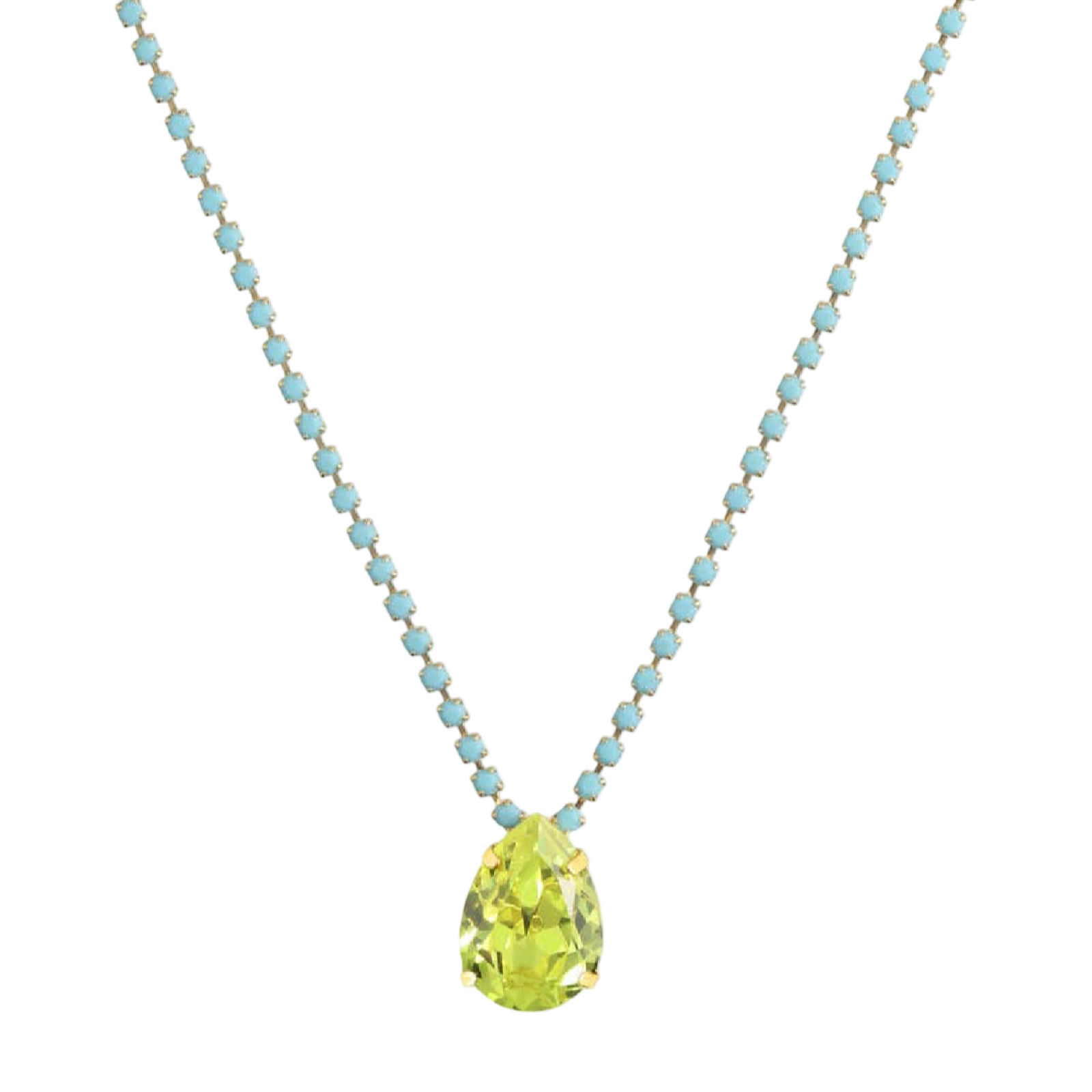 Necklace with a green teardrop pendant and blue bead chain on a white background