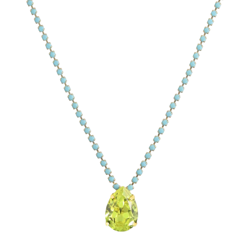 Necklace with a green teardrop pendant and blue bead chain on a white background