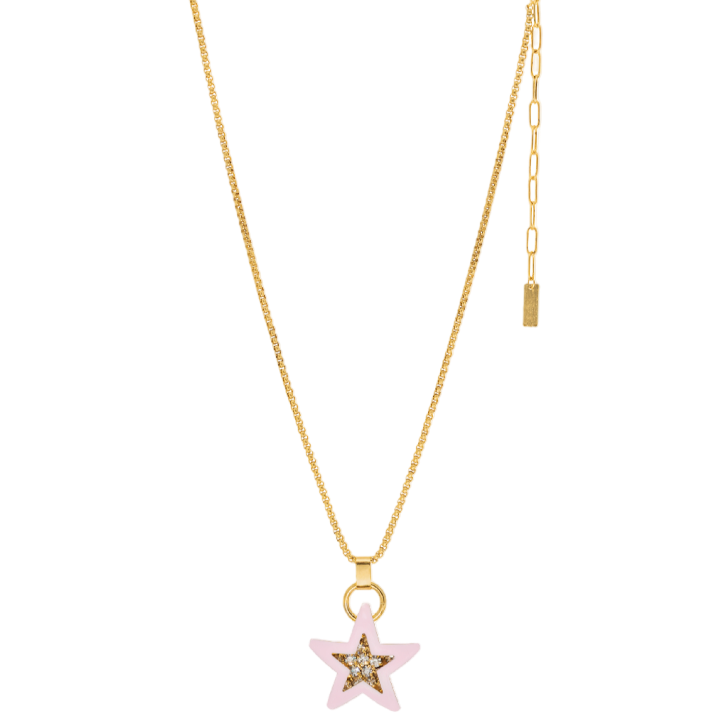 Gold necklace with a star-shaped pendant on a white background