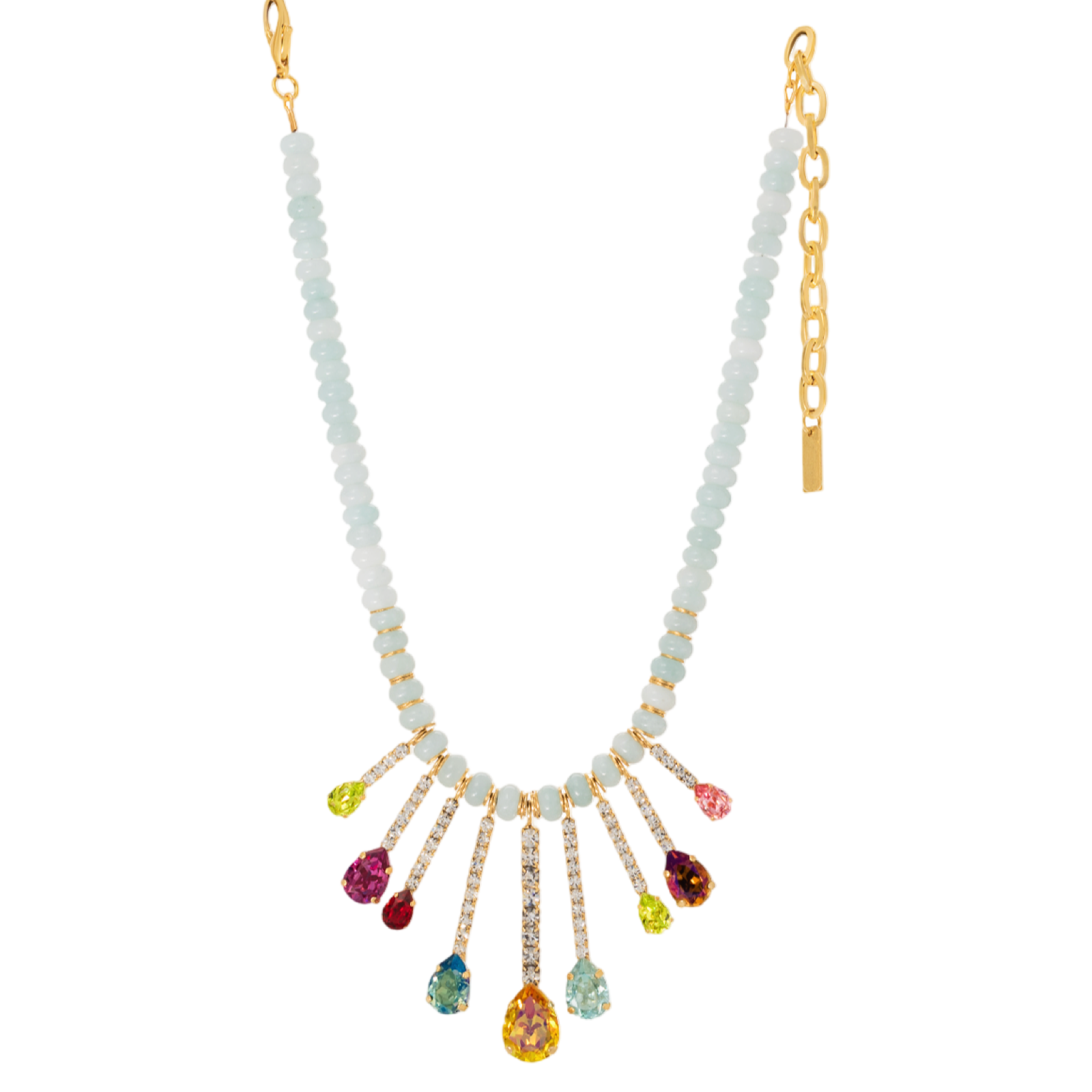 Necklace with multicolored teardrop pendants on a white background