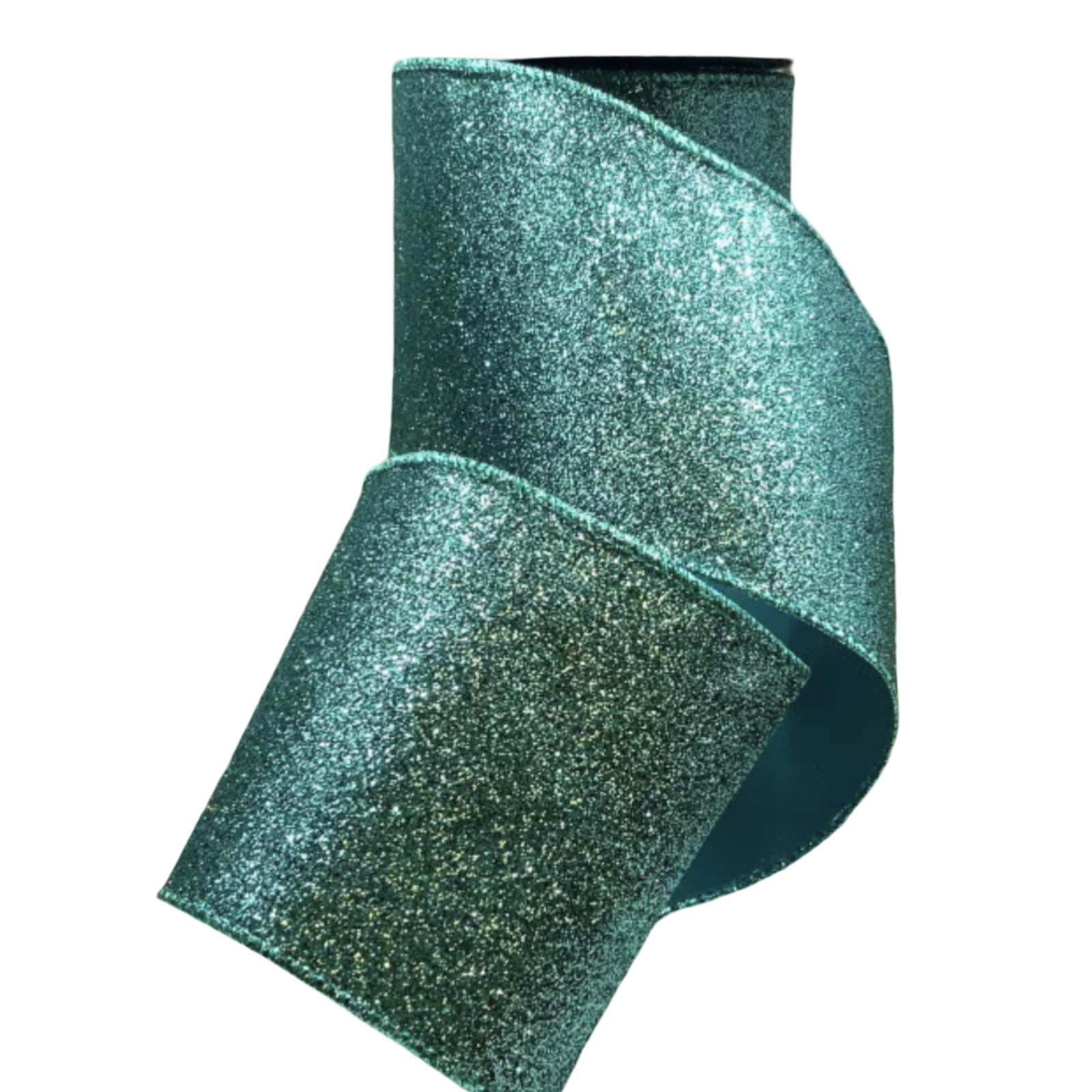 Teal vintage glitter ribbon, 4 inches wide, shown beside holiday greenery with a shimmering textured finish for Christmas trees, wreaths, bows, and garlands