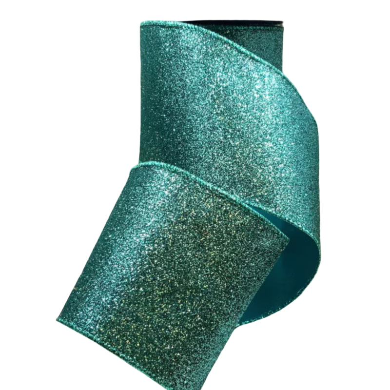 Teal vintage glitter ribbon, 4 inches wide, shown beside holiday greenery with a shimmering textured finish for Christmas trees, wreaths, bows, and garlands