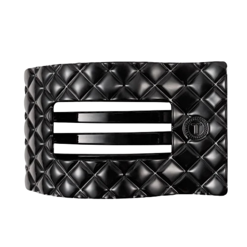 Black quilted clutch bag with a brand logo on a white background
