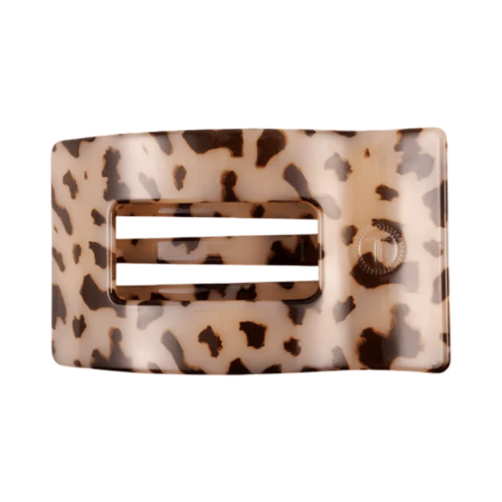 Leopard print belt buckle on a white background