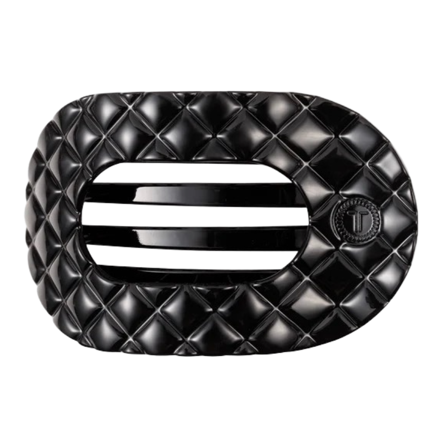Teleties hair clip, jet black quilted hair clip, medium flat hair clip, round hair clip, comfortable hair clip, flat back clip, durable hair clip, stylish hair accessory, non-slip hair clip, Teleties medium clip