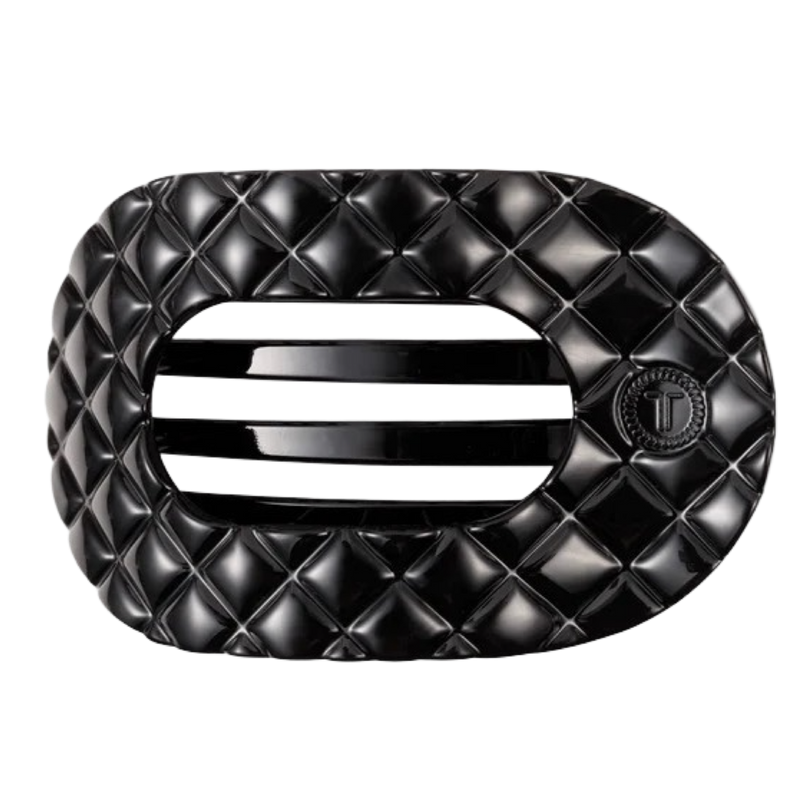 Teleties hair clip, jet black quilted hair clip, medium flat hair clip, round hair clip, comfortable hair clip, flat back clip, durable hair clip, stylish hair accessory, non-slip hair clip, Teleties medium clip
