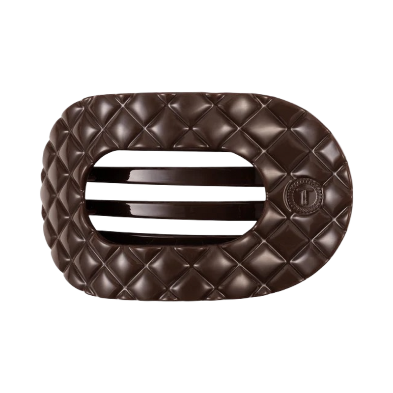 Teleties hair clip, taupe quilted hair clip, medium flat hair clip, round hair clip, pressure-free hair clip, flat back clip, non-slip hair clip, Teleties medium clip, stylish hair accessory, durable hair clip

