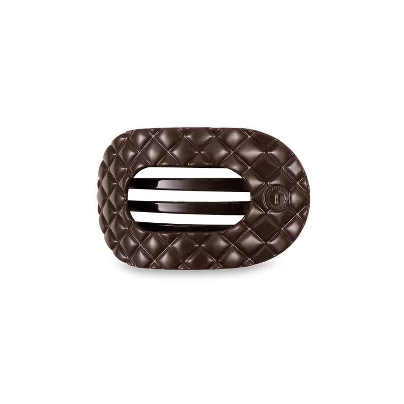 Teleties hair clip, taupe quilted hair clip, small flat hair clip, round hair clip, comfortable hair clip, flat back clip, durable hair clip, stylish hair accessory, non-slip hair clip, Teleties small clip