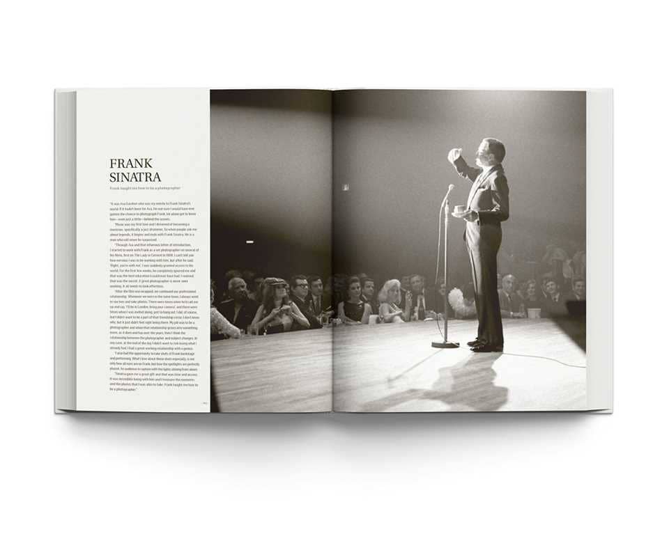 Open book showing a black and white photograph of Frank Sinatra on stage with text on the left page.