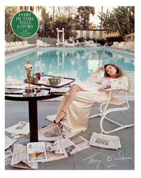Woman lounging by a pool with an Oscar statue and newspapers, with 'Terry O'Seim' signature.