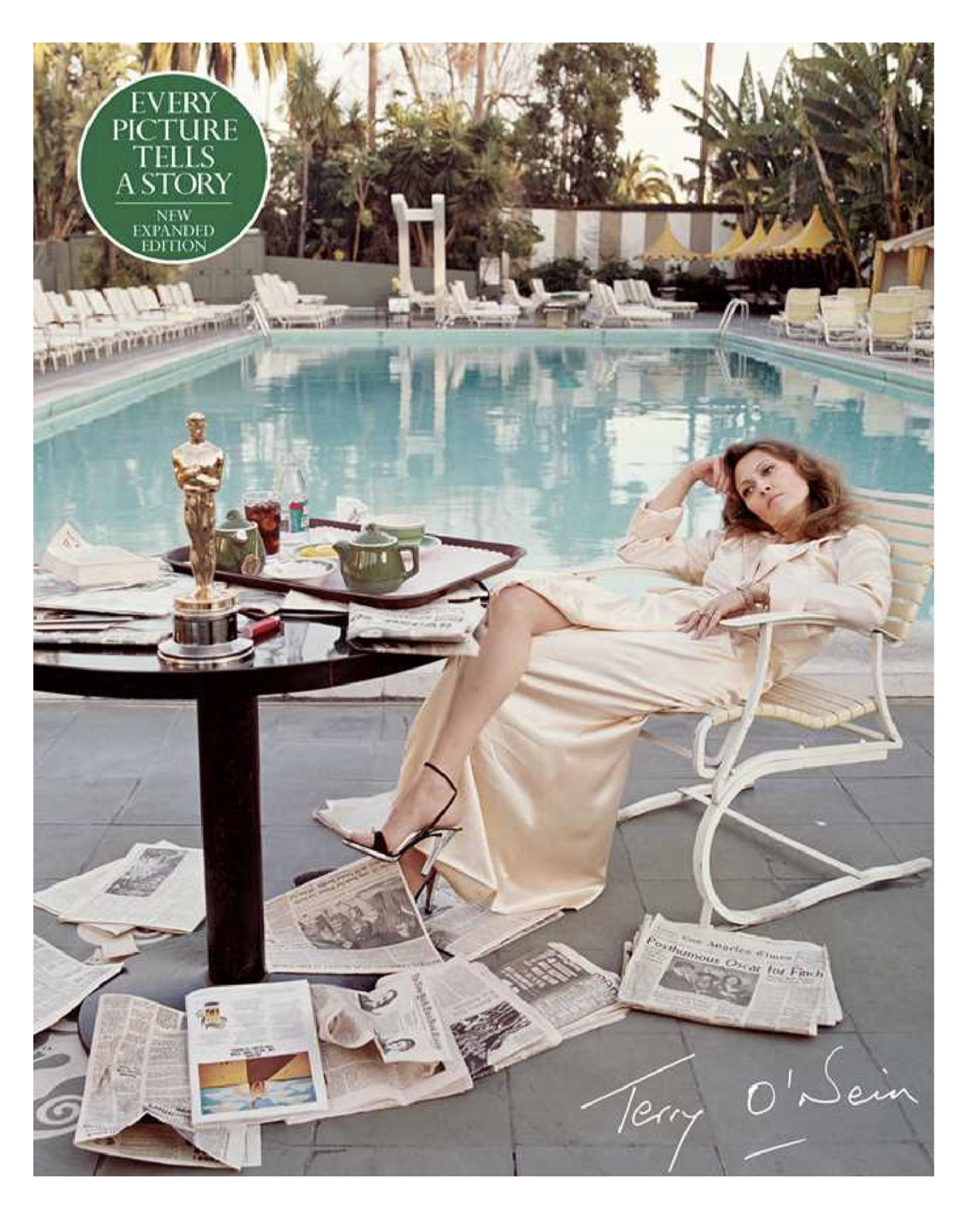 Woman lounging by a pool with an Oscar statue and newspapers, with 'Terry O'Seim' signature.